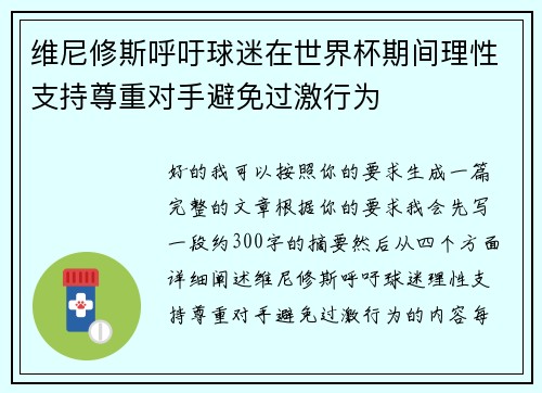 维尼修斯呼吁球迷在世界杯期间理性支持尊重对手避免过激行为